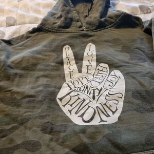 Camo Olive Green Graphic Hoodie with Peace & Kindness Print